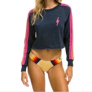 Aviator Nation ⚡️ Cropped Crewneck Sweatshirt with Neon Stripes XL NAVY BLUE